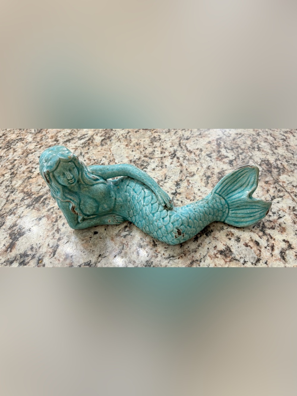 Glossy Blue Green Ceramic Mermaid Statue W/ Distressed Antique Finish 13.5" - Picture 2 of 9